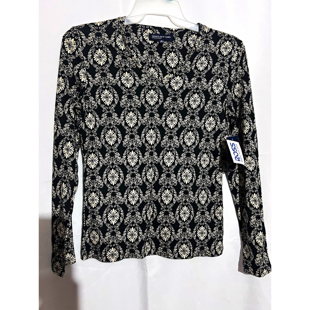 Jones New York Signature Black Beige Floral Knit V-Neck Top Women's M